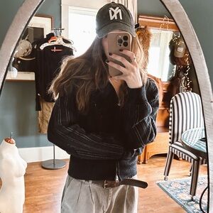 FREE PEOPLE vintage black striped wool blend double zip cardigan sweater sz med